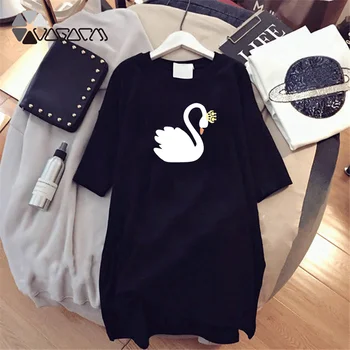 

2020 Summer Women Dress Short Sleeve Cute Swan Print Fashion Casual Loose Mini Dress Black Female Dress Plus Size 4XL Kawaii
