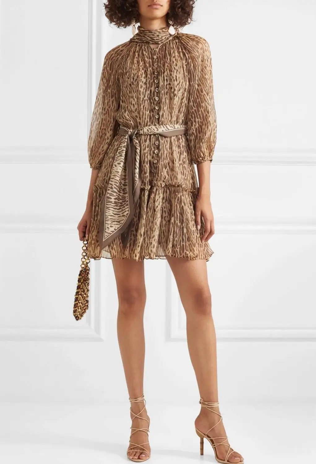 

Animal Leopard Silk ESPIONAGE High NECK TIE MINI dress waist Tied Ruffled Hem Front Buttons UP 3/4 Sleeves Elastic Cuffs