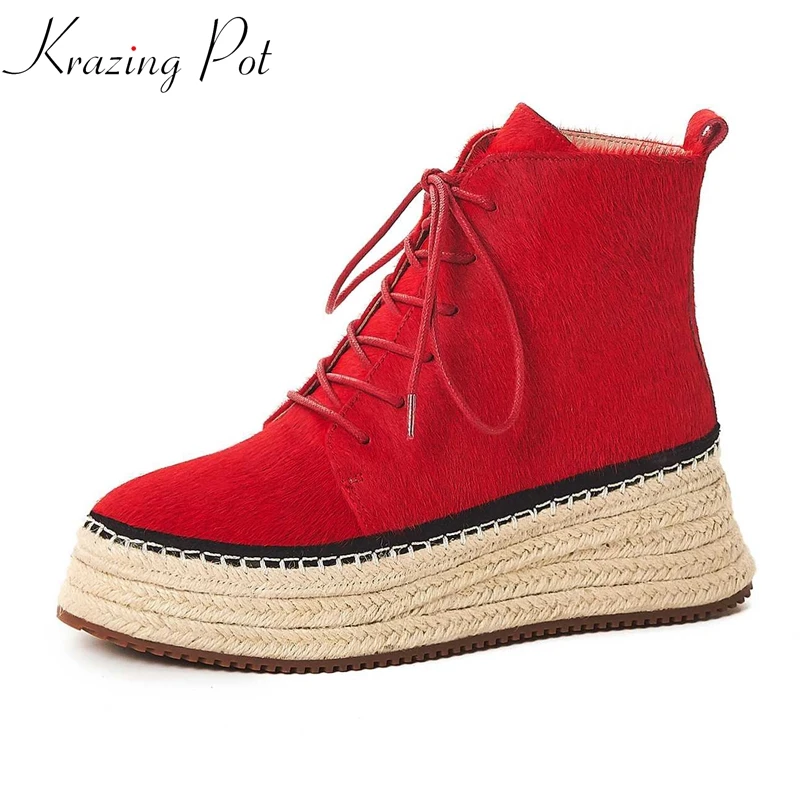 

krazing pot horsehair round toe lace up wedges high heels platform boots straw decoration casual vitality lady ankle boots L93