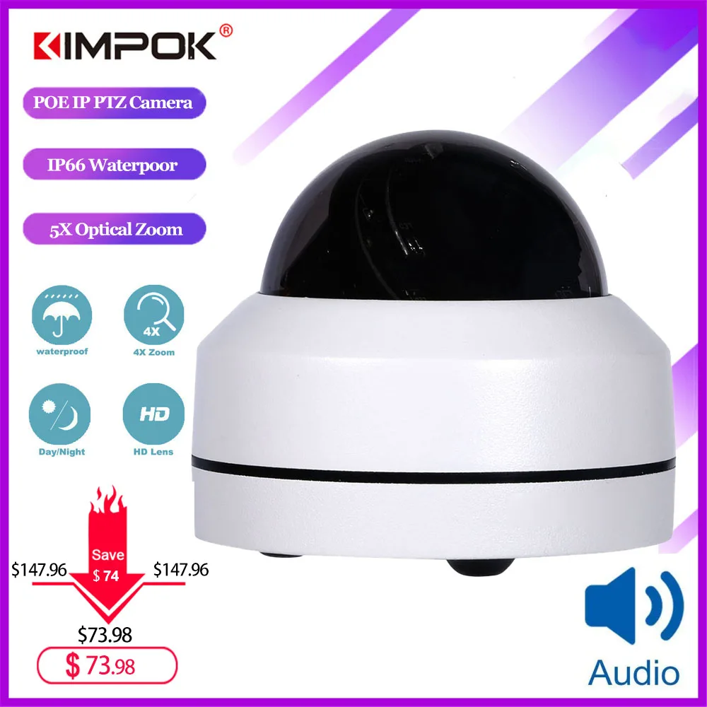 

KIMPOK NEW 5MP POE Mini Dome IP PTZ Camera 5X Optical zoom IP66 Support Onvif P2P IR 40M Camera Outdoor + Audio input