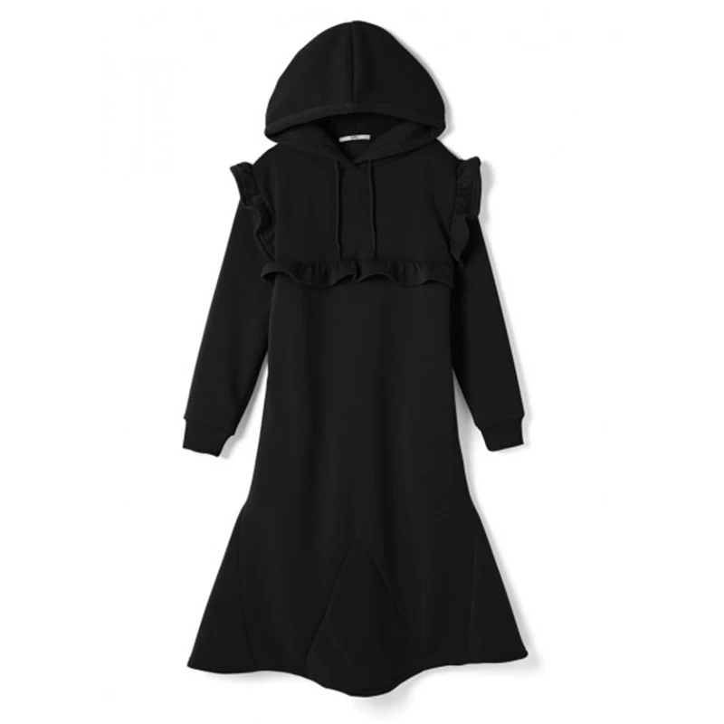 PERHAPS U women spring beige black gray solid sweatshirt dress Hooded pocket long sleeve midi mermaid D2323 | Женская одежда