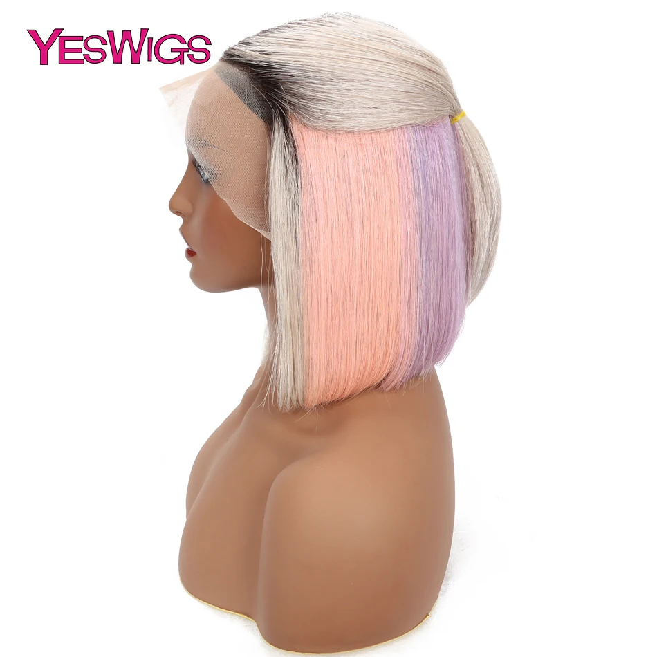 Yeswigs T1B-Rainbow розового и фиолетового цветов серый Цветной прямые волосы парик «пучок» Синтетические волосы на кружеве парик 13*4 человеческих волос парики из бразильского волоса для черный Для женщин