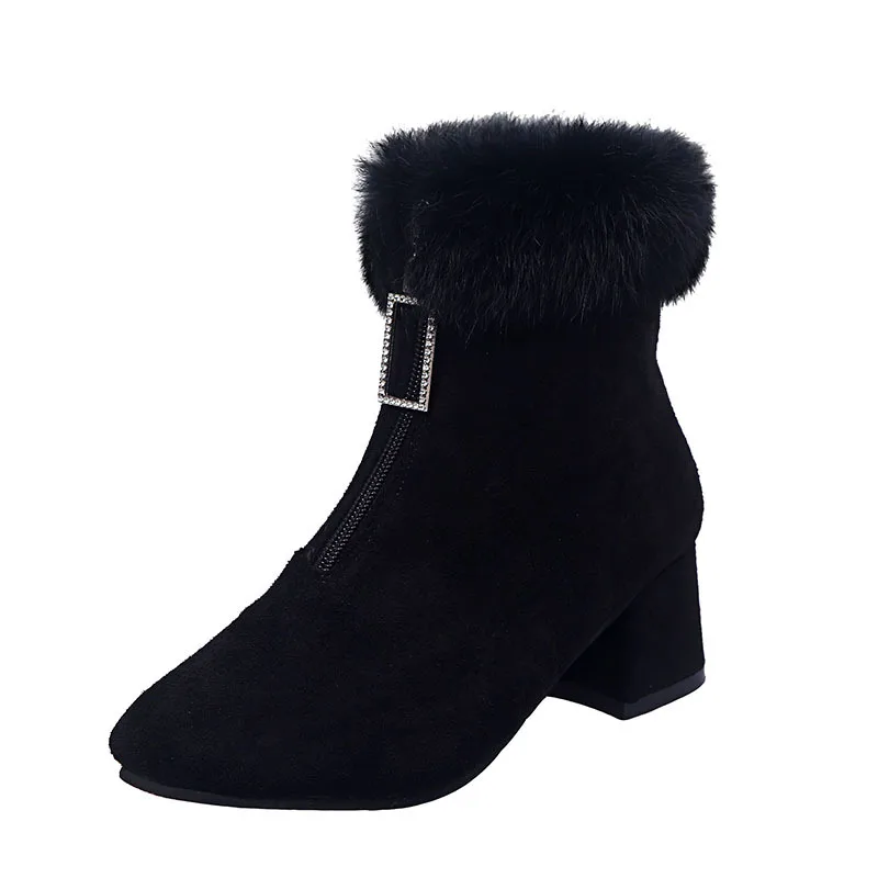 Женские ботильоны «Челси» из нубука с кроличьим мехом; bottes; Модные женские ботильоны на меху с молнией спереди и стразами; Ботинки martin на Высоком толстом каблуке с мехом