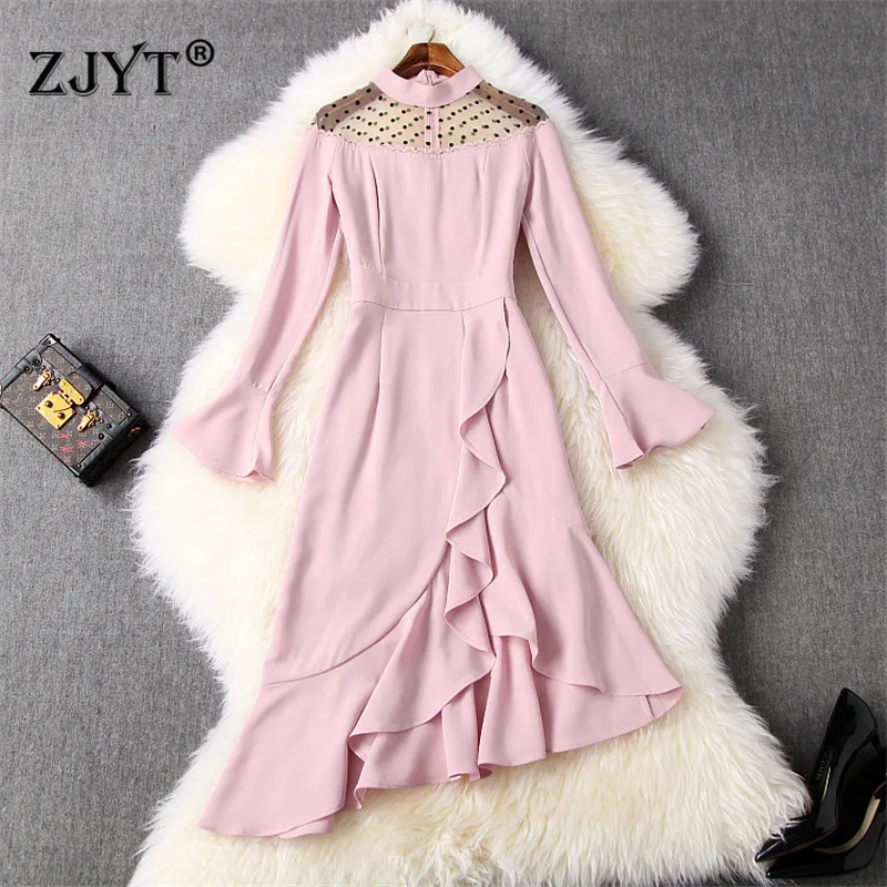 

2020 New Fashion Spring Women Dress Elegant Designer Flare Sleeve Polka Dot Tulle Patchwork Ruffle Asymmetrical Dress Party