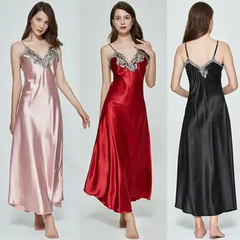 

Ladies Womens Satin Long Nightgowns Silk Lace Sexy Lingerie Feamle Sleeveless Deep V Nightdress Night Dress Sleepwear US