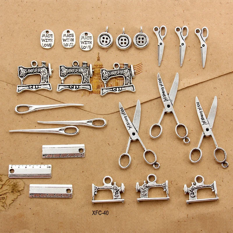 24pcs Alloy Charms Silver Color Button Needle Scissors Sewing Machine Jewelry Accessories DIY Necklace Bracelet KeyChain | Украшения и