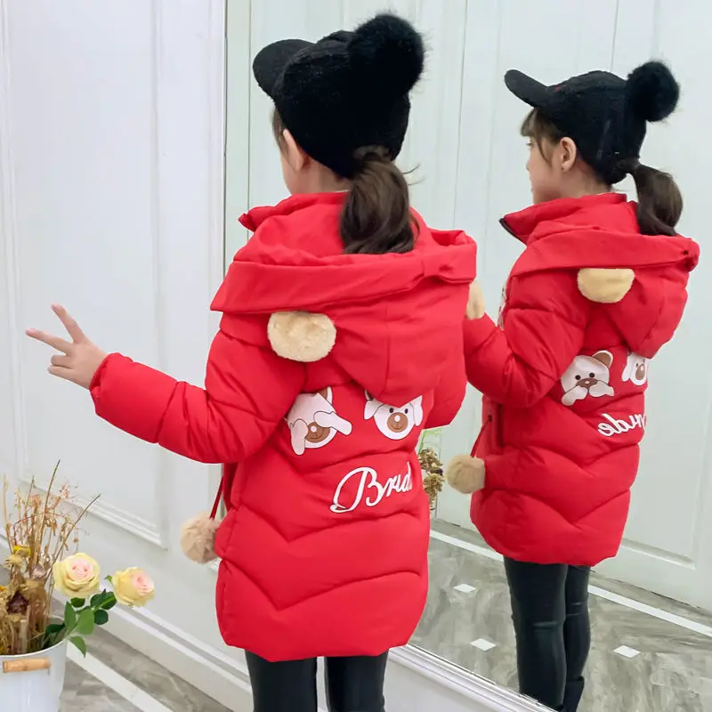 2-13Yrs Kids Winter Parkas Girl Warm Jacket Baby Bow Cat Coat Thick Fur Hooded Christmas Outerwear Kids Winter Clothes-30degree