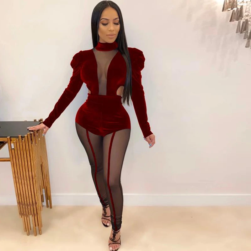 

Hot Selling European and American Women's Jumpsuits Gold Velvet Mesh Stitching Bubble Sleeve Jumpsuits