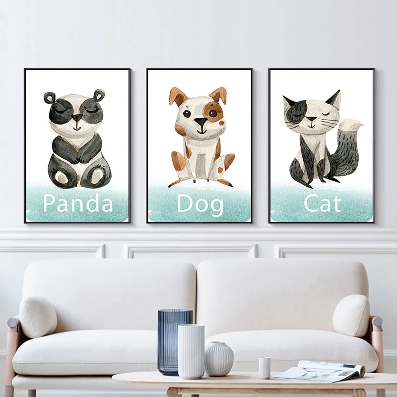 Watercolor Animal Canvas Posters Wall Art Prints Cat Dog Panda Cartoon Painting Nordic Nursery Picture for Baby Kids Room Decor | Дом и сад