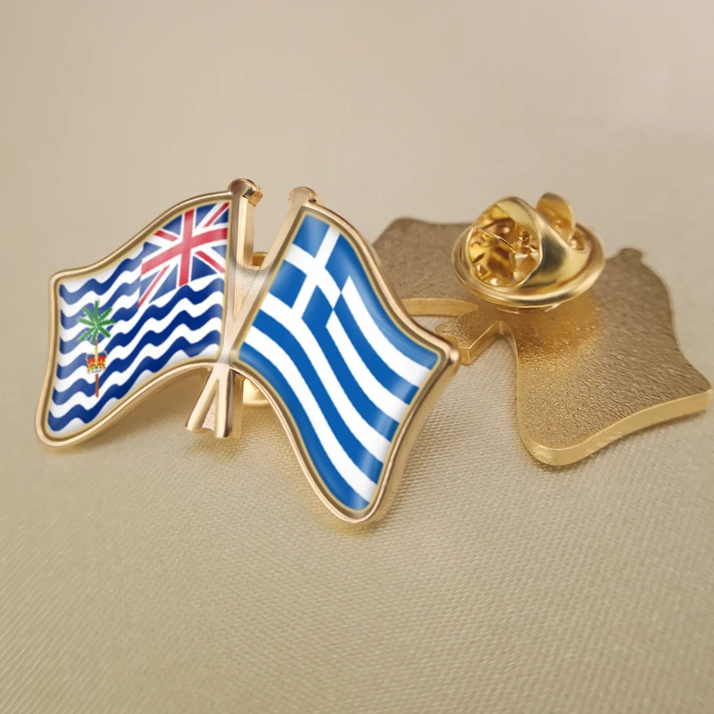 

British Indian Ocean Territory and Greece Crossed Double Friendship Flags Lapel Pins Brooch Badges