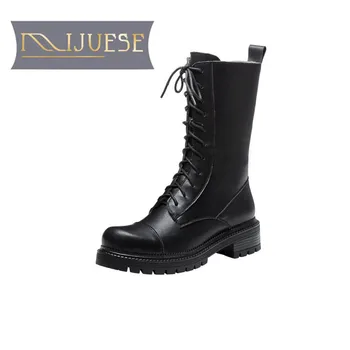 

MLJUESE 2021 women Ankle boots Cow leather winter short plush Round Toe Zipper Med heels female Riding boots size 39