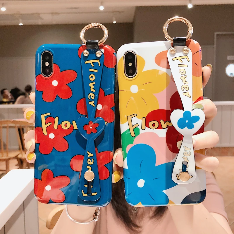 

For Iphone 6 7 8 S Plus X XR XS XSMAX Pretty Colorful Flowers Cell Phone Fitted Case TPU Silicone Protector With Wrist Strap