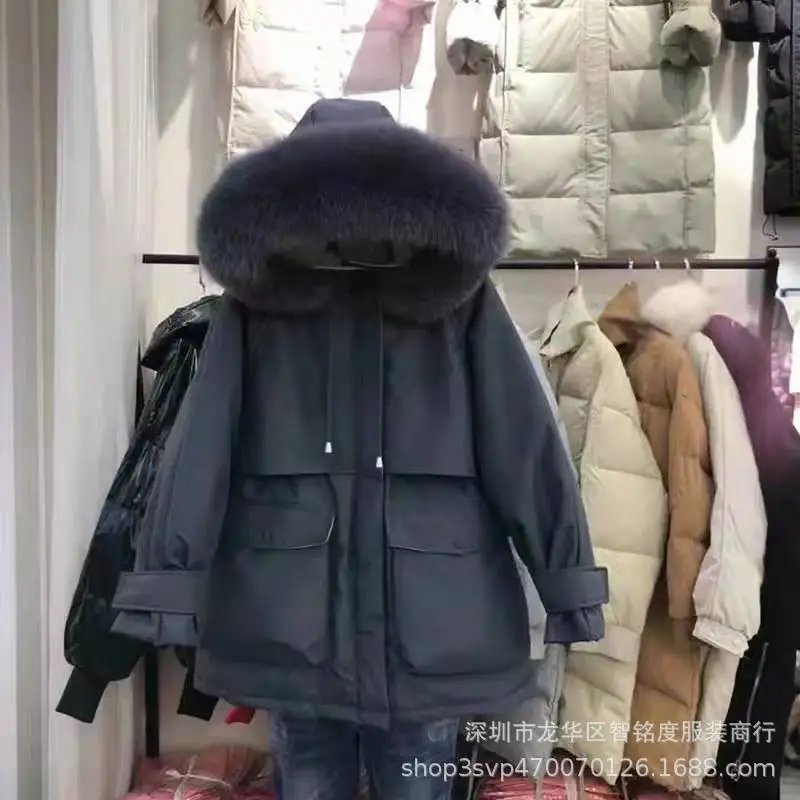 

Photo Shoot New Style down Jacket 19 Winter Cotton-padded Jacket Coat-Style Large Fur Collar Loose-Fit Waist Hugging Parka Coat