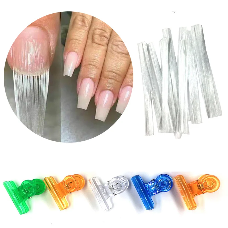 

10Pcs Nail Extension Glass Fiber +5Pcs Plastic Clip Nail Glass Wire Reinforcement Crack Prevention Extension Tool Accessories