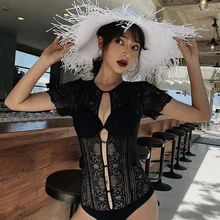 Женский цельный купальник, купальник, пуш-ап, 1 шт., женский, Рашгард, женский, один купальный костюм,, черная Сексуальная кружевная полая, однотонная