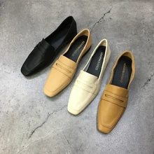 Туфли на плоской подошве без застежки с квадратным носком и ремешком; женские лоферы из свиной кожи в Корейском стиле; однотонная удобная обувь для досуга; mocasines feminina