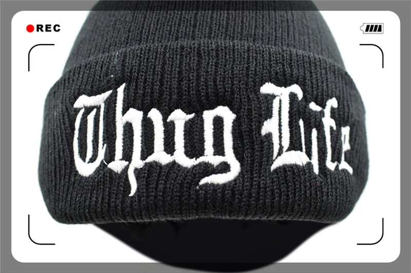 Черная Шапка-бини с принтом THUG LIFE, зимняя теплая вязаная шапка Skullies Beanie, повседневная крутая Черная шапка в стиле хип-хоп, теплая шапка для мужчин и женщин THUG LIFE