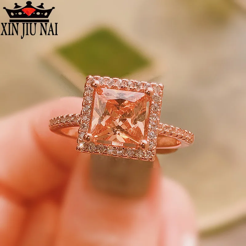 

2019 new Classic Champagne Square Diamond Office Ring Luxury AAA Zircon Rose Gold Top Quality Jewelry Anniversary Fashion Gift