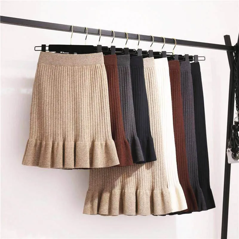 

Women Long Sweater Skirt Winter Female Ruffle Midi Pleated Skirt Maxi Knitted High Waist Warm Elegant Jupe Femme 2019 Hot Sale