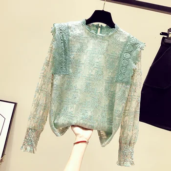 

Hollow Out Long Sleeve Lace Basic Shirts 2019 New Spring Autumn All-match Solid Color Pullovers Top High Collar Lace Blouses