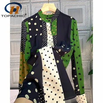 

1.2 2020 New Women Silk Shirt Classic Fashion Black White Polka dot Print O-neck Single breasted Contrast Color Blouse