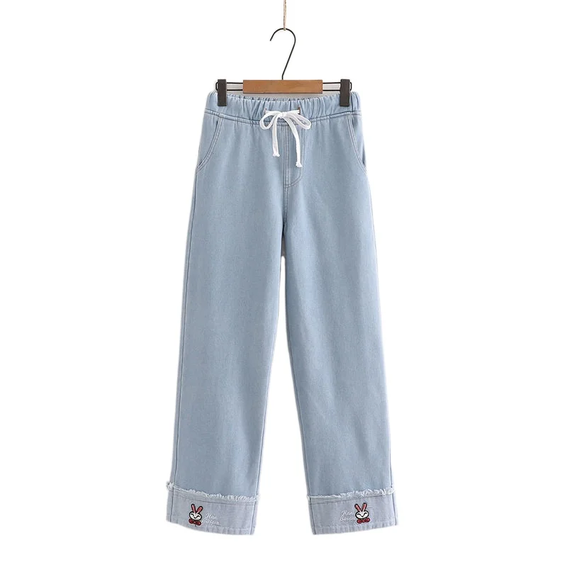 

Women's Straight Plus Fleece Jeans Korean Style Loose Student Wide-Leg Pants Trousers 2020 Winter Harajuku Denim Pants 2011014