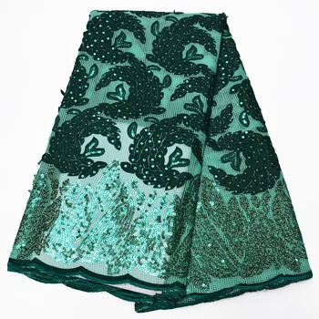 

2020 newest African double organza lace fabric in green with gold sequins embroidery for party dress trade price