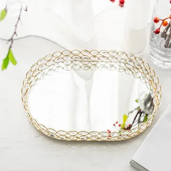 

Europe Gold Crystal Mirror Tray Iron Jewelry Display Serving Platter Desktop Makeup Organizer Storage Trays Home Party Decor