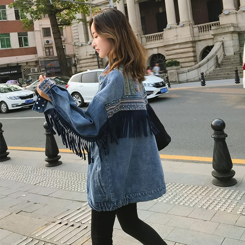 

2019 Autumn Clothing New Style Korean-style Loose-Fit Slimming Short Cowboy Cool Fashion Bat Sleeve Tassels Jacket Fashion