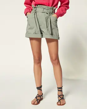 

Fashion Cotton Women Shorts High Waist with Belt Big Pockets Army green Loose Short Pants 2020 new