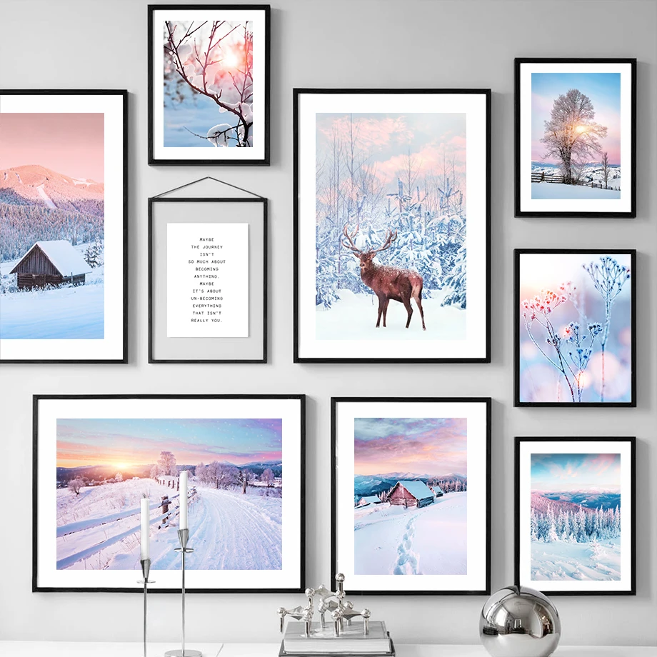 Winter Snow Town House Deer Forest Hill Nordic Poster E Stampe Wall Art Canvas Painting Modern Pictures For Living Room Decor