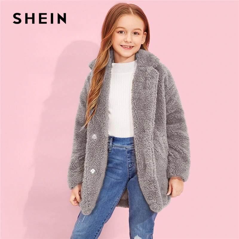 SHEIN/ г. Детское пальто для девочек с зазубренным воротником, со скрытой планкой, плюшевое пальто Детская одежда зимние повседневные пальто с длинными рукавами и пуговицами спереди