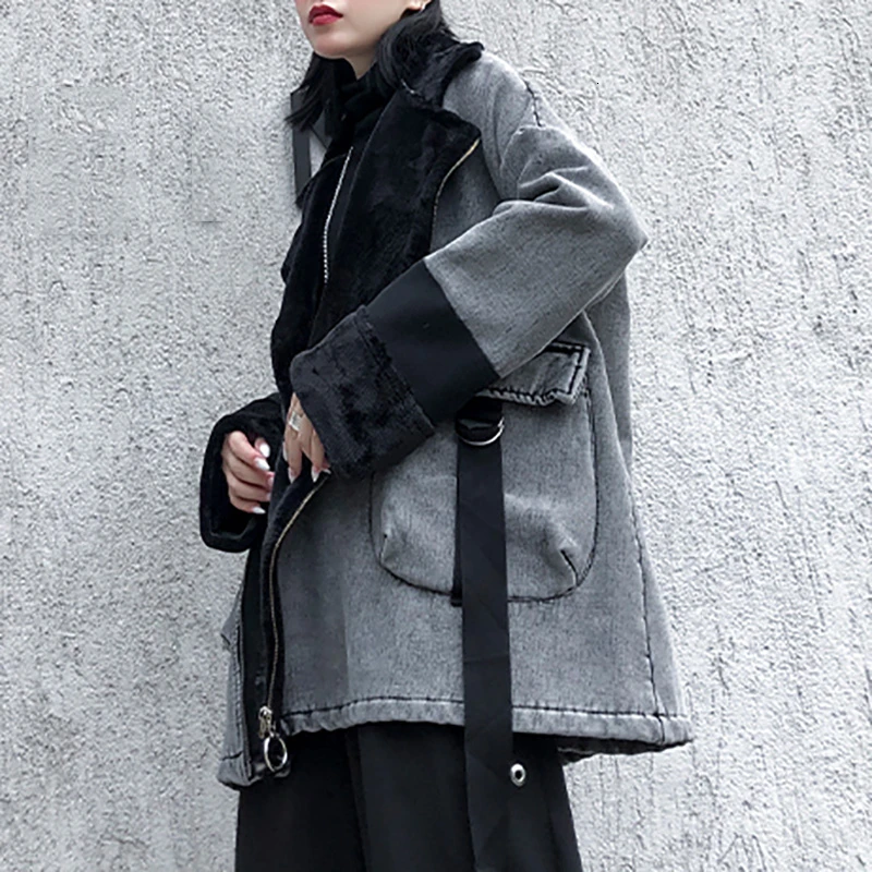 SeeBeautiful New Fashion Autumn Winter Contrast Color Lapel Long Sleeve Zipper Pockets Denim Loose Jacket Coat Woman Q157