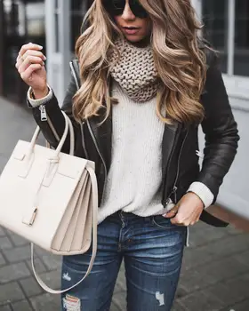 

Women's Long Sleeve Stand Collar Loose Street Leather Jacket Loose Warm Leather Jacket Top Overcoats Outwear