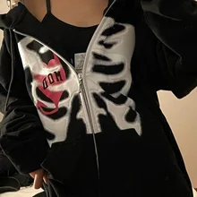 

Goth Grunge Skull Print Sweatshirts Y2K Harajuku Loose Long-Sleeved Hooded Coat Solid Retro Jacket Student E-girl Zip-up top