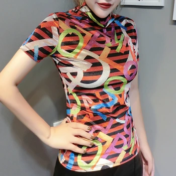 

2020 New Spring Summer European Clothes Pleuche Print Letter T-shirt Fashion Women Tops Ropa Mujer Bottoming Shirt Tees T02216