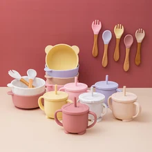 Ensemble d'alimentation en Silicone pour enfants, bol, tasse à eau, cuillère, vaisselle pour enfants, antidérapant, fournitures de cuisine comestibles en Silicone 