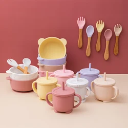 Ensemble d'alimentation en Silicone pour enfants, bol, tasse à eau, cuillère, vaisselle pour enfants, antidérapant, fournitures de cuisine comestibles en Silicone 