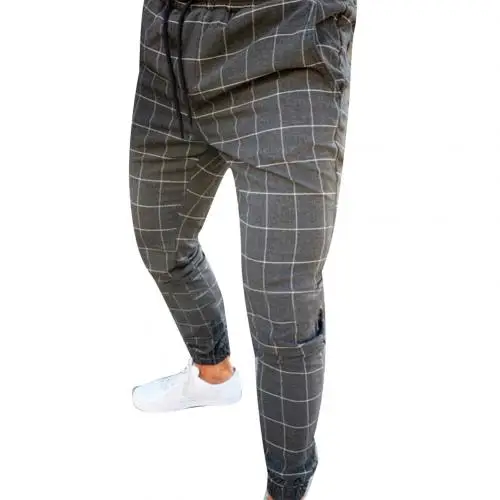Dark Gray Модные брюки мужские клетчатые с принтом на шнурке эластичные повседневные узкие брюки - Цвет: Dark Gray