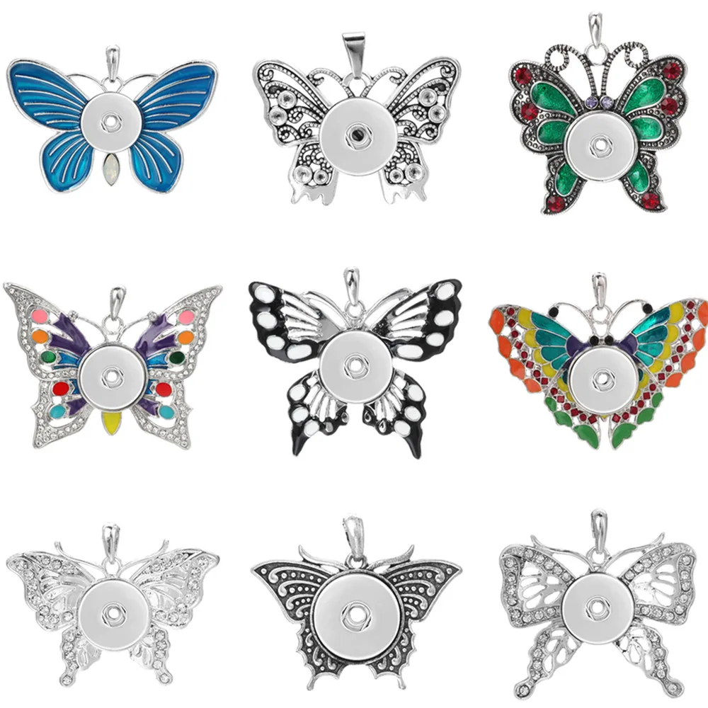 Красочный бабочка кулон с кнопкой ювелирные изделия подходят 18 мм металлические кнопки ювелирные изделия оснастки кулон ожерелье ZG146
