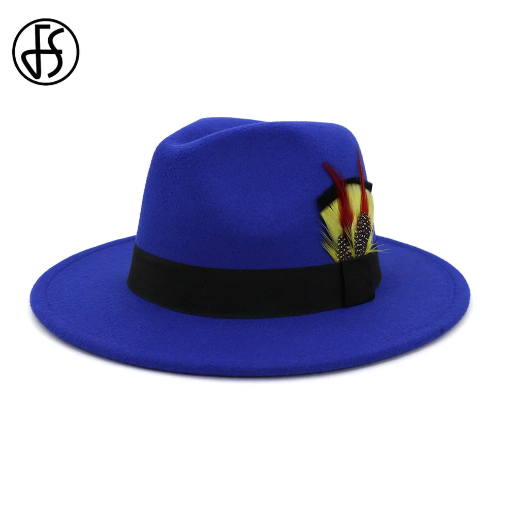 FS Винтаж перо фетровая шляпа в стиле джаз для Для женщин мужчин с широкими полями
