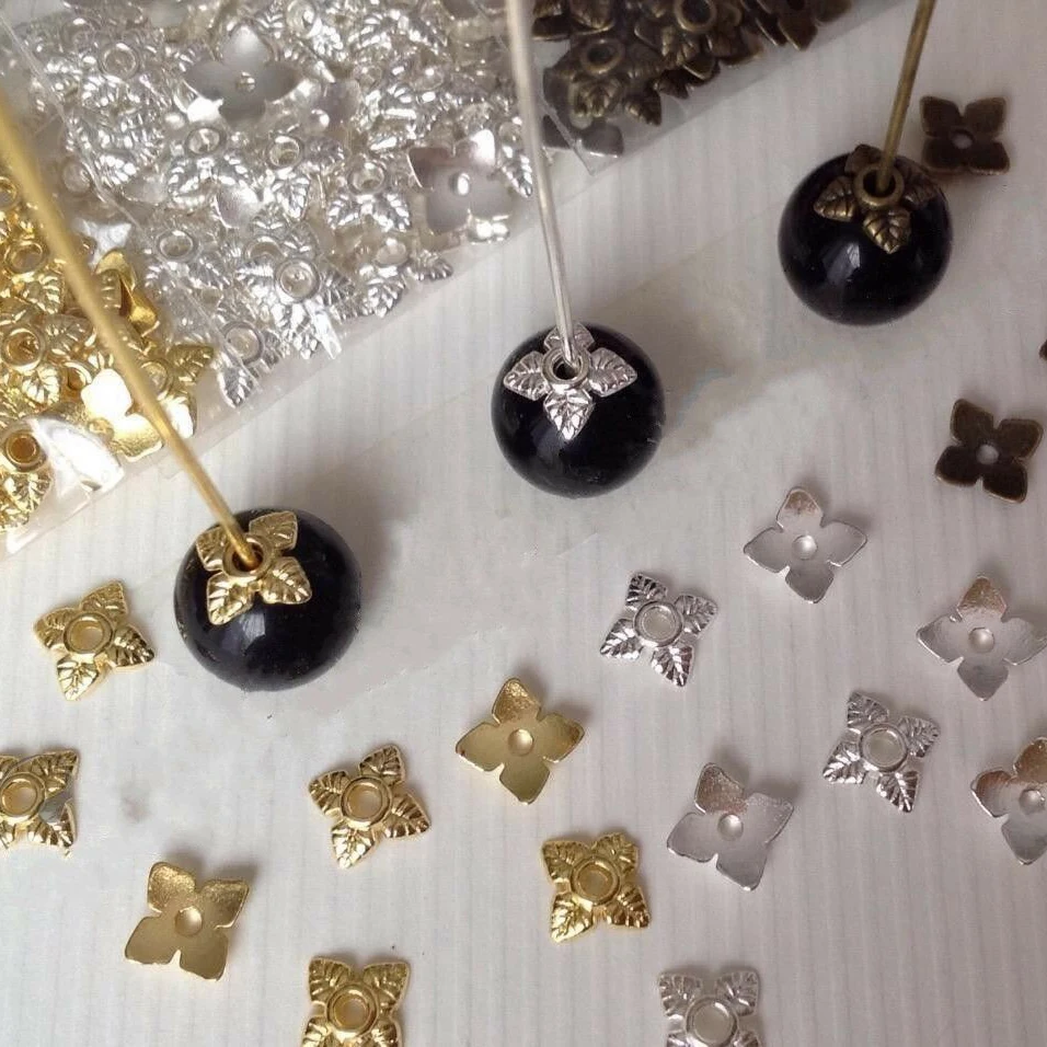 

100 Pcs Tibetan Silver / Gold Tone Alloy 4 Leaf Bead Caps for Jewelry Making Findings 6mm Beads DIY Craft