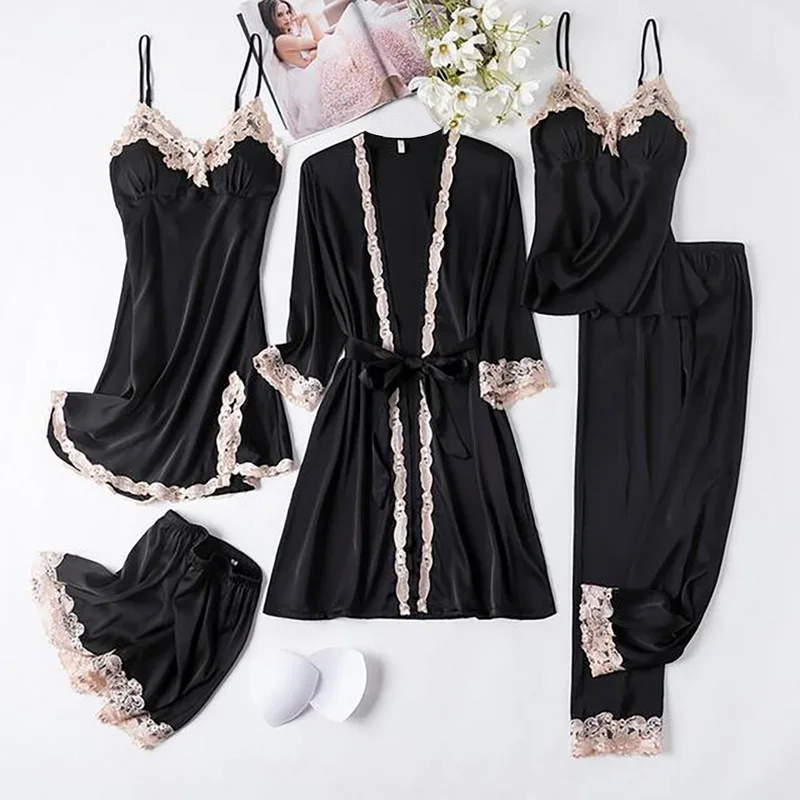 Suit Ladies Silk Satin Pajamas Set Female Lace Pyjama Set Sleepwear Spring Summer Home Wear Nightwear 5pcs For Women