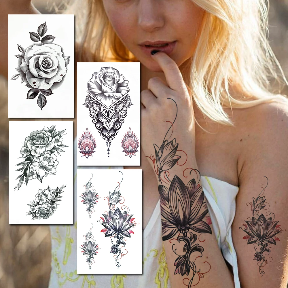 

Lotus Fake Temporary Tattoos For Women Black Rose Henna Flower Painting Tattoo Paper Chest Waist Lace Sunflower Waterproof Tatoo