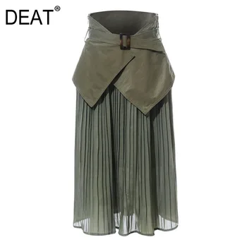 

DEAT 2020 new fashion high waist belts seal green pleated chiffon patchwork chiffon two pieces long skirts bottoms WJ04906
