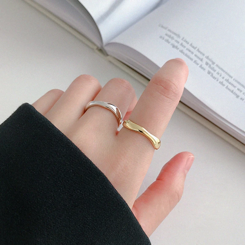 Peri'sBox Adjustable 925 Sterling Silver Ring Wave Shape Minimalist Stacking Rings for Women Irregular Gold Ring Simple Jewelry - Image 2