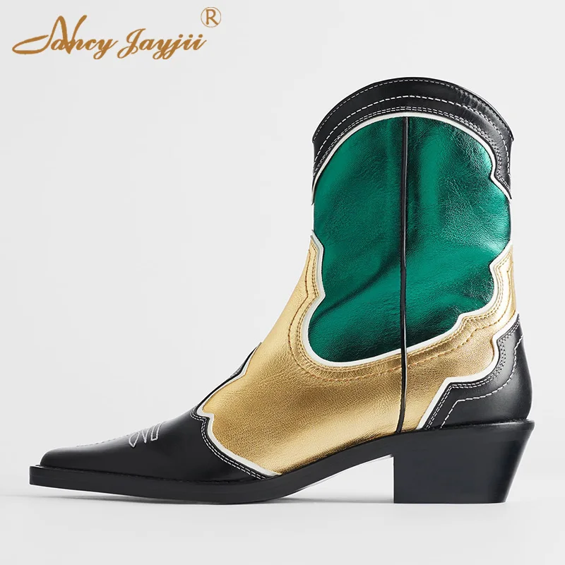 

2019 Winter black yellow green women's ankle boots patent leather mixed color luxury ladies shoes 5 cm side zip large size 45 46