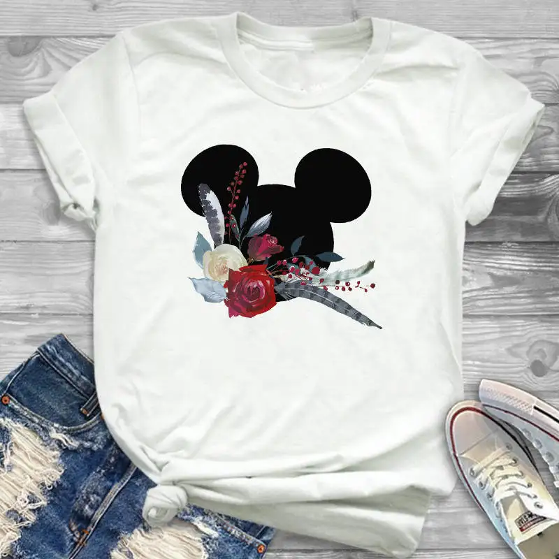 Женская модная футболка с леопардовым принтом и цветочным принтом, футболка с Микки Маусом и ушками, футболки tumblr, хипстерские женские футболки - Цвет: 3