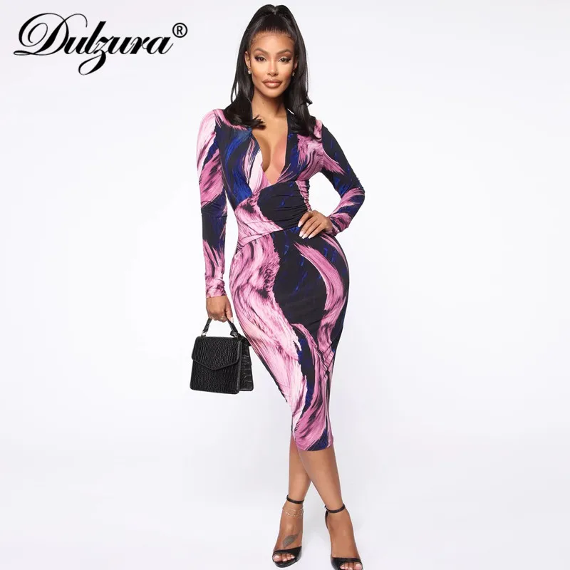 Платье миди женское с глубоким v образным вырезом и принтом|Платья| |