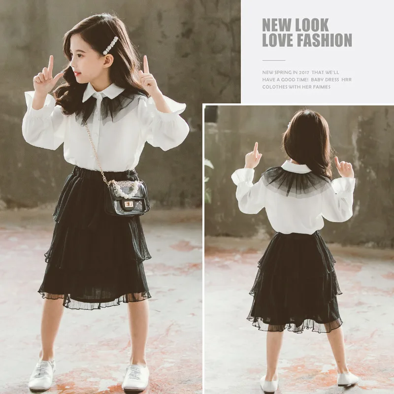 

2019 Autumn New Style Girls Suit Skirt Korean-style Neckline Lace Joint Shirt Two-Piece Set